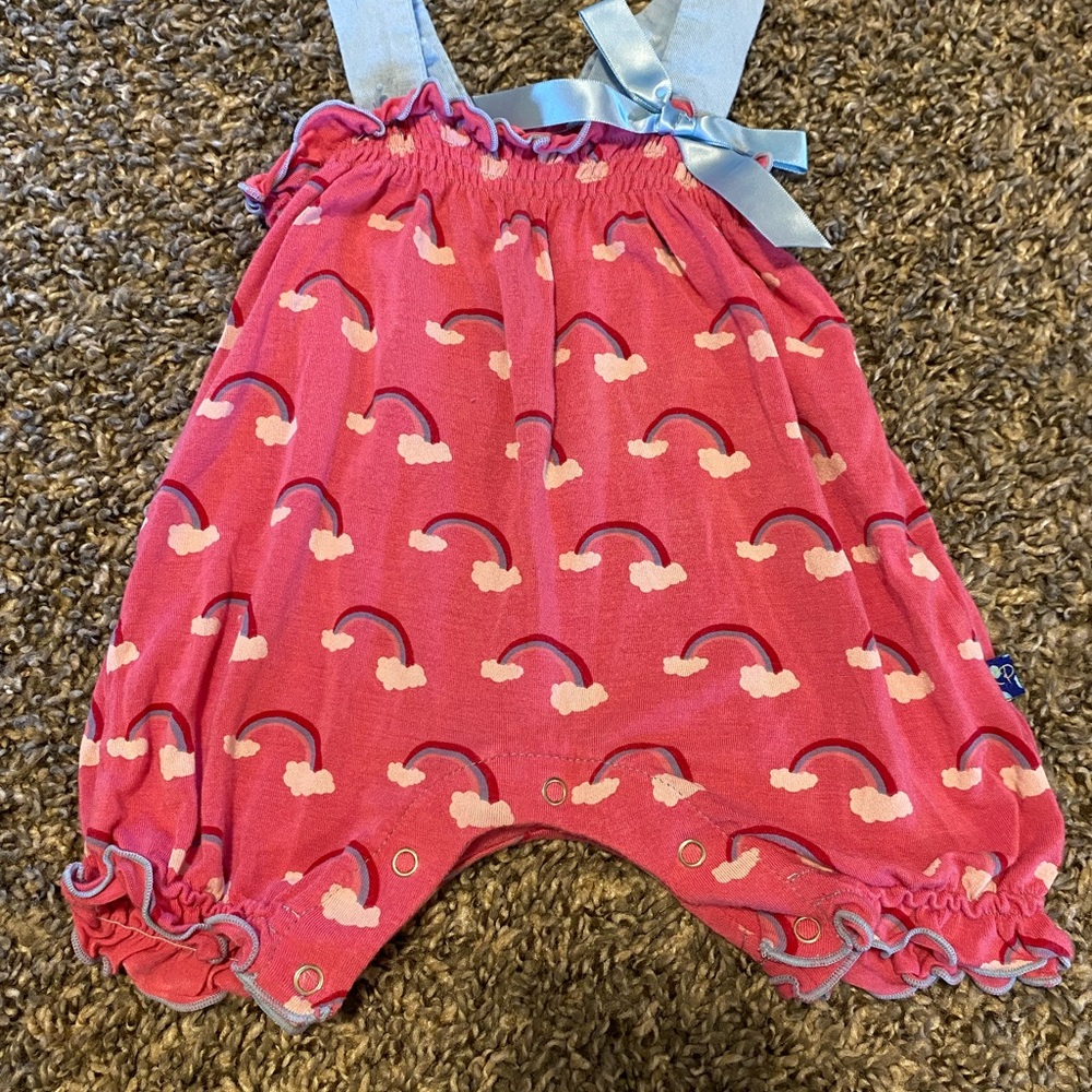 Kickee Pink Rainbow Cloud Romper with Blue Tag